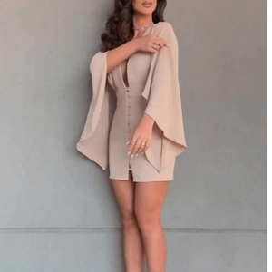 เดรสสั้นรัดรูปด้านหน้ามีกระดุมคอวีลึกหรูหราของผู้หญิงแขนเสื้อทรงเสื้อคลุมพลิ้วไหว - Product Image 2