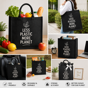 Less <b>Plastic</b> More Planet Jute <b>Tote</b> Bag Medium Size Zipper Closure Rope Handle Solid Groceries Use - Product Image 4