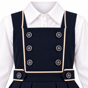 Uniforme Escolar para Niñas, Color Azul Marino, 100% Poliéster, Vestido Tipo Pinafore con Camisa Blanca, Falda Plisada, Diseño de Doble Botonadura, ODM - Product Image 2