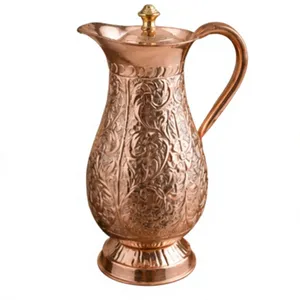 Carafe à eau en cuivre artisanale avec couvercle, design vintage, vaisselle décorative, grande capacité, poignée, récipient ayurvédique bien-être, luxe - Product Image 6