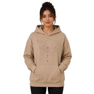 Sudadera con Capucha Extra Grande para Mujer, Personalizada, con Pedrería Beige en Forma de Mariposa, de Felpa de Algodón Premium, Informal, para Invierno - Product Image 1