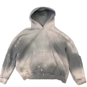 เสื้อฮู้ดดี้สีเทาแบบย้อมสีเอซิดทรงโอเวอร์ไซส์สำหรับผู้ชาย แต่งลายเพ้นท์สเปรย์ กระเป๋าจิงโจ้ สไตล์วินเทจ สตรีทแวร์ - Product Image 1