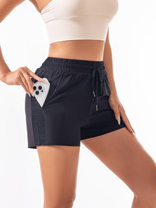 Shorts de yoga taille haute pour femmes, couleur unie, panneau en maille respirant, cordon de serrage, taille élastique, Spandex sans couture, 180g, Chine - Product Image 1