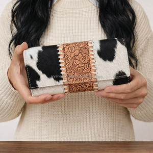 Genuine Tooled Leather <b>Wallet</b> Western Handmade Hair-On Leather <b>Trifold</b> <b>Wallet</b> Floral Embossed Cowgirl Vintage Fashion <b>Wallet</b> - Product Image 4