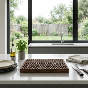 Planche de service en teck massif de qualité alimentaire, à fossettes, sculptée naturellement, dessous de plat en bois, accessoires de cuisine écologiques faits à la main, présentoirs - Product Image 4