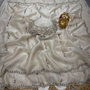 Sari indien traditionnel en soie pour femme avec broderies Jarkan et pierres, séchage rapide, idéal pour mariages et soirées, vente en gros par Royal Export - Product Image 4