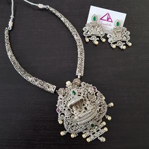 Antique Gold Plated Bridal Jewelry Set-Oxidised Silver Matte Finish Temple Necklace & Earrings - Product Image 1