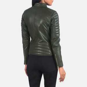 Blouson en cuir vert pour femme avec fermeture éclair, design respirant, entièrement personnalisable et de la plus haute qualité - Product Image 4