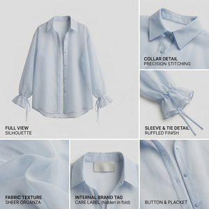 Blusa de Mujer Talla Grande con Bordado y Botones, Personalizada, de Algodón, Fibra de Bambú, Franela Teñida con Hilo a Cuadros, Primavera-Otoño 2026 - Product Image 4