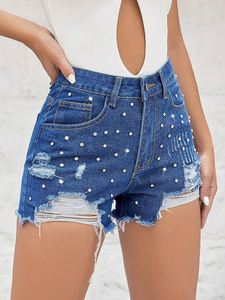 Shorts de mezclilla elásticos de talle alto con estampado y cremallera para mujer, estilo europeo-americano, talla grande, lavado arena, sexy, para verano - Product Image 5