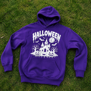 Sweat-shirt à capuche graphique personnalisé pour homme, violet, avec impression 3D de maison hantée, citrouille, chauve-souris et lune - Product Image 6