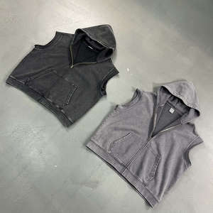 <b>Men's</b> Sleeveless Hooded <b>Vest</b> Solid <b>Black</b> Cotton Casual Knitted O-Neck Pocket Front Zippered Top - Product Image 2