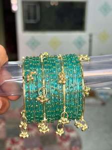 Traditional Blue <b>Glass</b> <b>Bangle</b> Set with Kashmiri Ghungroo Bridal Chura <b>Bangles</b> Gold Tone Charms Ethnic Jewelry for Wedding - Product Image 4