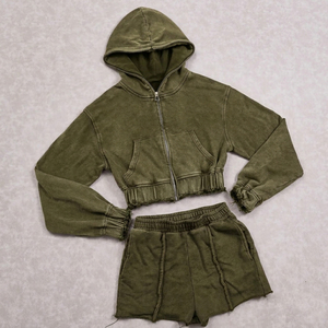 Women's Two Piece Custom Logo <b>Crop</b> Hoodie Short <b>Set</b> <b>Top</b> Selling Customized Women Acid Wash <b>Crop</b> <b>Top</b> Hoodie Short <b>Set</b> - Product Image 3