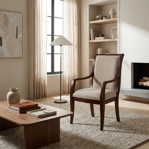 Fauteuil de salle à manger classique en bois massif, dossier haut, tissu rembourré, chaise d'appoint pour hôtel, restaurant, mobilier d'ambiance artistique pur - Product Image 5