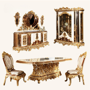 Ensemble de table à manger de style baroque de luxe, en acajou, sculpté à la main, finition dorée, antique, 6 places, personnalisation des meubles - Product Image 6