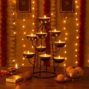 Handcrafted Metal 9 Bowl Tealight Candle <b>Holder</b> Stand Multi Tier Decorative Candle <b>Holder</b> Centerpiece Antique <b>Black</b> Finish - Product Image 4
