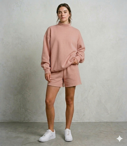 Curved <b>Mock</b> <b>Neck</b> <b>Top</b> With Shorts Set Women Breezy Shape Modern Fashion Clothing Wear Style - Product Image 1