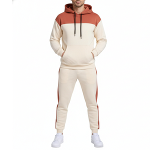 Conjunto Deportivo para Hombre OEM, Color Terracota, Rojo Ruggioso y Crema, Sudadera con Capucha y Pantalones de Felpa, Dos Piezas, Ropa Deportiva para Calle - Product Image 1