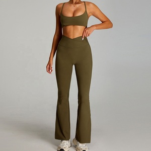 2026 custom Deep V Neck Twist Yoga Set High Waist Shorts 2 Piece Solid Color Spandex Polyester Seamless Four-Way Stretch - Product Image 4