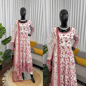 TENNECY Designer Reversible Faux Georgette Gown Pent Set <b>Ankle</b>-Length Ethnic Party Wear Sequence Work Fancy Lace Quick Dry - Product Image 4