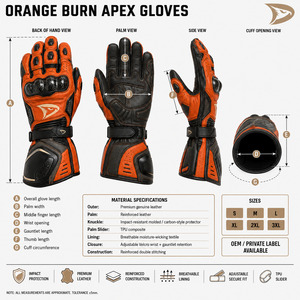 Gants de course en cuir orange, entièrement couvrants, avec protection des articulations en carbone pour la conduite de moto - Product Image 6