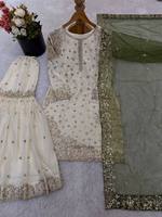 Ensemble Sharara en soie brodée lourde avec Kurti à manches longues et Dupatta – Tenue de soirée et de mariage pour l'hiver