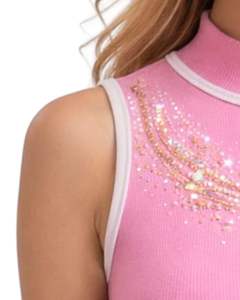 Débardeur côtelé rose personnalisé pour femme à col montant avec motif vague en strass, sans manches, été, fabrication sur mesure - Product Image 5