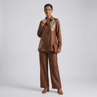 Ensemble chemise brodée marron et pantalon large pour femme, haut à col et manches longues, motif floral, élégant, décontracté, tenue de bureau, deux pièces