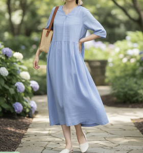 Vestido midi tejido de línea A para mujer, fabricante de ropa de Vietnam, servicio de OEM, ODM, etiqueta personalizada, servicio de abastecimiento, venta al por mayor, transpirable - Product Image 4