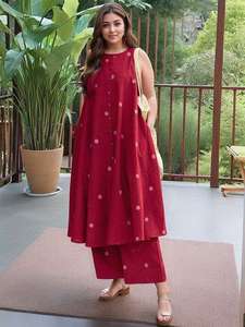 <b>Women</b> Red Polka Dot Rayon <b>Kurta</b> Set with Trouser Regular Fit Knee-Length Traditional Summer Wear Quick Dry India Pakistan Style - Product Image 1