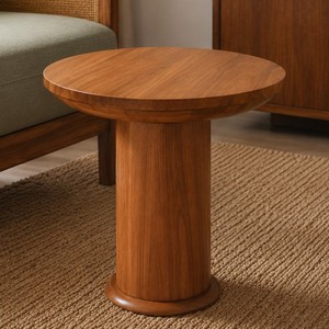 Round <b>Coffee</b> <b>Table</b> Teak Wood Top Pedestal <b>Leg</b> Design Natural Finish Living Room Apartment Hotel Model TAB47 - Product Image 1