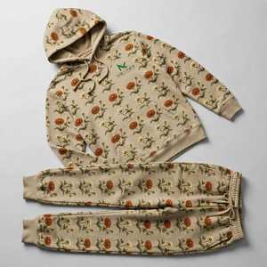 NEXTEX Unisex Zinnia Floral Tracksuit Beige Rust Orange <b>Cream</b> Soft Cotton <b>Fleece</b> Hoodie Jogger Pants Set for Men <b>Women</b> - Product Image 6