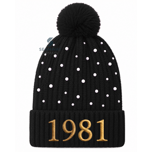 Bonnet en tricot acrylique pour femme NCBW, brodé, orné de perles, avec pompon, bord côtelé, bonnet d'hiver décontracté - Product Image 1