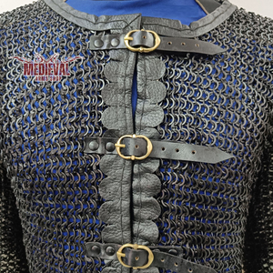 Mild Steel <b>Chainmail</b> <b>Shirt</b> with Leather Trim Flat Riveted with Washer Ring Full Sleeve Hauberk Armor for Adult Knight Costume - Product Image 6