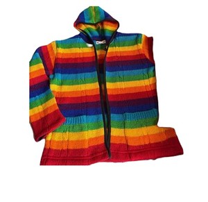 Sweat à capuche en laine pour femme, doublure en laine/cachemire, rayures arc-en-ciel, col à capuche amovible, fermeture éclair, design éco-responsable, coupe-vent - Product Image 4