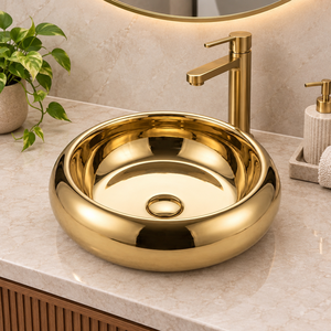 Lavabo Moderno Redondo de Latón Dorado Liso, Lavabo de Lujo para Encimera, Lavabo de Baño con Acabado Pulido, Lavabo para Hotel, Artículos Sanitarios - Product Image 2