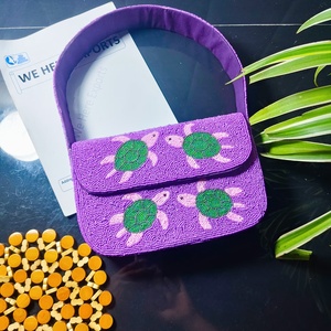 Sacs de rangement pour vêtements faits à la main, brodés de tortues marines, en coton 100% écologique et durable, avec perles violettes, pour bijoux individuels - Product Image 5