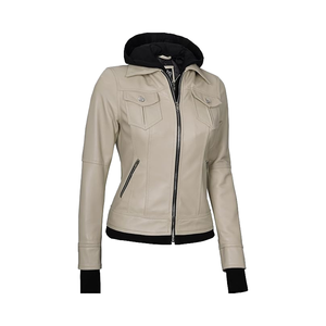 Trusted Manufacturer Supplier's Custom Women's Genuine Lambskin Hooded <b>Leather</b> <b>Jacket</b> Solid Pattern Outerwear Removable Hood - Product Image 1