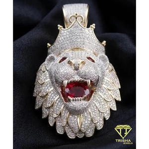 Pendentif tête d'animal de luxe avec couronne et pierre rouge, diamant de laboratoire, argent sterling 925, style hip-hop glacé - Product Image 2