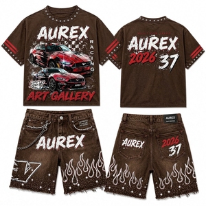 <b>Men's</b> Custom Streetwear Cropped T Shirt Shorts Set <b>Studded</b> Acid Wash 100% Cotton Screen Printed Summer Outfit - Product Image 1
