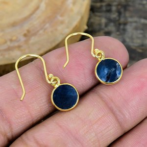 Natural Blue Sapphire Round Shape Gemstone Handmade <b>Hook</b> <b>Earring</b> 18k Gold Micron Over 925 Sterling Sliver - Product Image 4