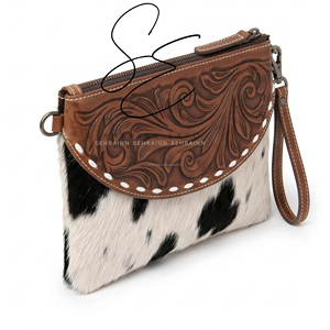 Genuine Cowhide Leather <b>Wristlet</b> Wallet Vintage Western Tooled Clutch Purse for Women Hair On Hide Chic Travel Pouch - Product Image 2