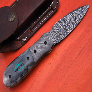 Cuchillo de Caza Imperial de Acero de Damasco con Punta Caída, Mango de Micarta y Funda de Cuero, OEM Disponible - Product Image 1