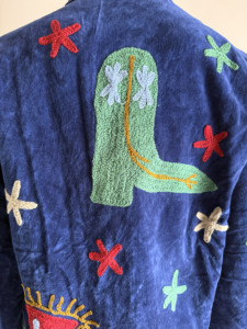Floral Blue Embroidered Breathable <b>Velvet</b> Blazer Mandarin Collar Full Sleeve Handmade Cotton Lining Women's <b>Jacket</b> - Product Image 5