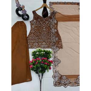 Haut de fête pour femme en mousseline de soie marron, pantalon palazzo et dupatta, 100% polyester - Product Image 2