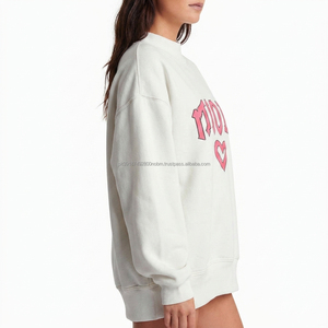 Sweat-shirt blanc oversize à col rond pour femme, en maille épaisse, imprimé rose sur le devant, coupe régulière, manches longues, idéal pour le printemps - Product Image 5