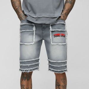 Pantalones Cortos Bermuda de Mezclilla Sólida para Hombre, Cintura Media, Desgastados con Bajo Deshilachado, Estilo Casual con Logo Trasero, 100% Algodón Tejido, Ideales para Verano - Product Image 1