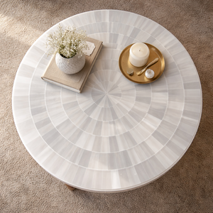 <b>Round</b> Marble Coffee <b>Table</b>, <b>White</b> Stone Inlay Center <b>Table</b> Luxury Living Room Decor, Handmade Designer <b>Table</b> Top - Product Image 1