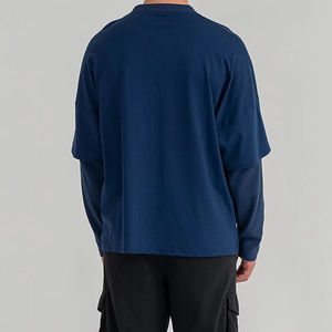 Camiseta de algodón de doble capa para hombre, color azul, con logotipo personalizado, camiseta de doble capa de alta calidad para hombre, para uso casual y estilo urbano. - Product Image 2